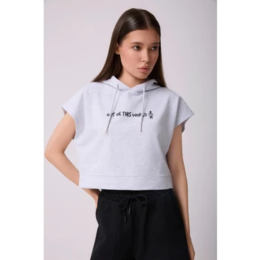 Defy's Kadın Kar Melanj Baskılı Kapüşonlu Crop Sweatshirt - Mevsimlik İki İplik Pamuklu