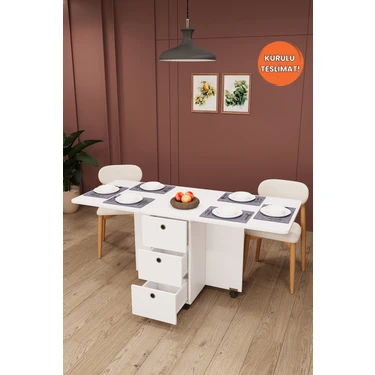 Asra Trend Lüks Katlanır Mutfak Yemek Masası %100 MDF Pratik Çekmeceli Çalışma Masası