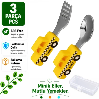 Jojobebek Sarı Renk Taksi Figürlü Premium Çocuk BPA Free Silikon Sap Paslanmaz Çelik Uçlu