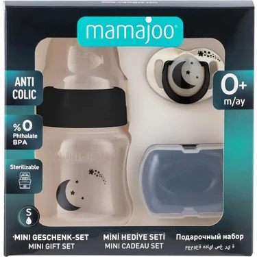 Mamajoo Yenidoğan Hediye Seti Black | Antikolik Biberon 150 ml ve Ortodontik Emzik & Saklama