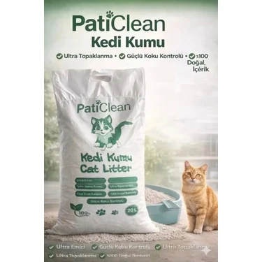 Pati Clean 20 Lt %99 Tozsuz İnce Taneli Süper Topaklanan Beyaz Bentonit Kedi Kumu Kokusuz Organik