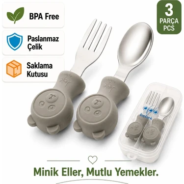 Jojobebek Gri Renk Ayıcık Figürlü Premium Çocuk BPA Free Silikon Sap Paslanmaz Çelik Uçlu