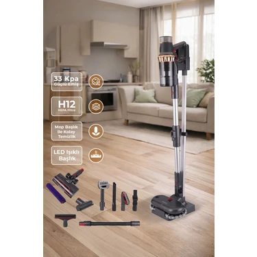 Yasomi Vion Plus V11 33Kpa H12 Hepa Mop Başlık Led Işıklı Turbo Başlık Dikey