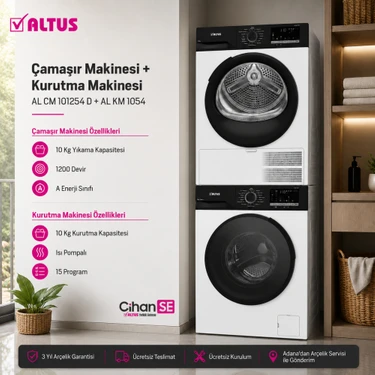 Altus 10 kg Çamaşır Makinesi ve 10 kg Kurutma Makinesi Ikili Paket ( Al 1054 - Al cm 101254 D