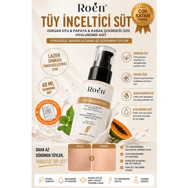 Roen Tüy Azaltıcı, Tüy Süt, Isırgan, Papaya & Hyaluronik Asit Özlü, Nemlendirici Etkili 60