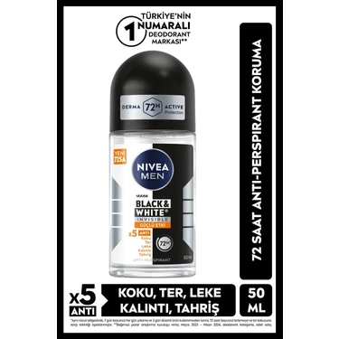 Nivea MEN Erkek Roll-on Deodorant Black&White Invisible Güçlü Etki 50ml, Ter ve Ter Kokusuna Karşı