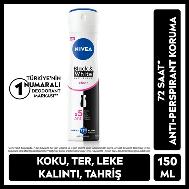 Nivea Kadın Sprey Deodorant Black&White Invisible Clear 150ml, 72 Saat Anti-perspirant Ter