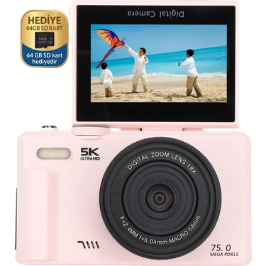 Serreha 5K UHD 75 MP Dijital Retro Kamera - 180° Flip Ekran Vlog Kamerası + 64GB SD Kart ve Kılıf