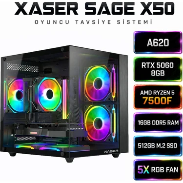 Xaser Sage X50 AMD R5 7500F/A620M/ 8GB GDDR7 RTX5060/512GB Fiyatı
