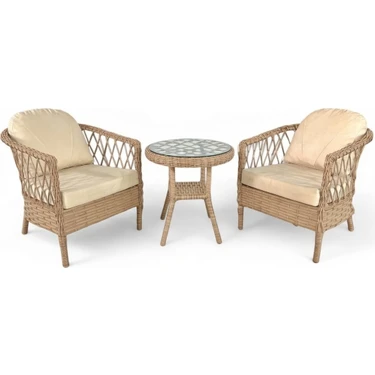Monalin Mobilya Miami Kapuçino 2 Kişilik(1-1-Masa) Rattan Örgü Bahçe & Balkon & Teras Masa Sandalye