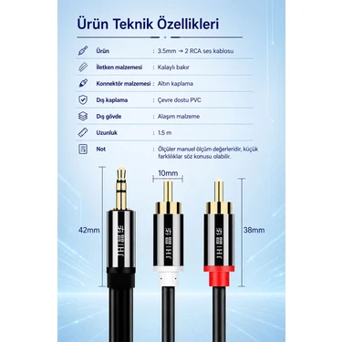 Jinghua 3.5mm Jack - 2 Rca Aux Stereo Ses Kablosu 1.5 Metre, Fiyatı