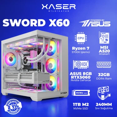 Xaser Sword X60 AMD R7 5700X/MSI A520M-A/ASUS 8GB RTX5060/ Fiyatı