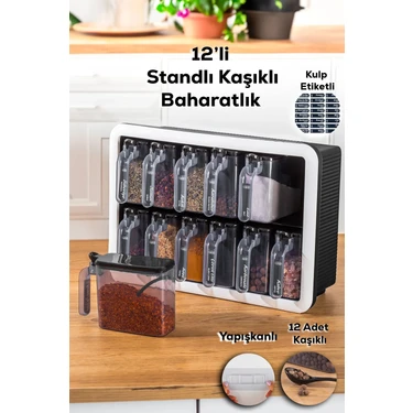 Porsima Simple 1165 Random 12'li Standlı Kendinden Yapışkanlı Kaşıklı Kapaklı Baharatlık Saklama Kabı Seti - Siyah Beyaz ürün görseli