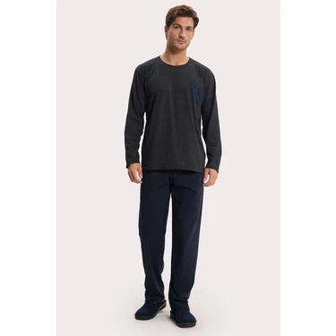 Tudors Erkek Standart Fit Rahat Kesim Uzun Kollu Pamuklu Gri Lacivert Pijama Takımı ürün görseli