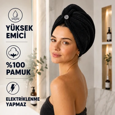 Taya Home %100 Pamuk Saç Kurutma Havlusu Düğmeli Hızlı Emici Duş Saç
