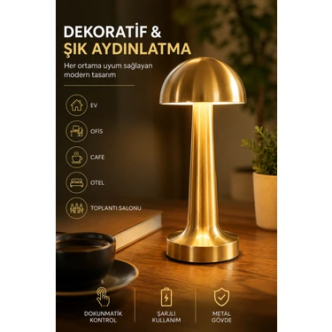 Robeve Şarjlı Dokunmatik Metal Mantar Masa Lambası | 3 Renk Işık, Ayarlanabilir Parlaklık, Kablosuz LED Gece Lambası | Ev, Ofis, Kafe, Restoran ve Yatak Odası Dekoratif Aydınlatma ürün görseli