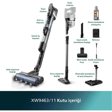 Philips 9000 Serisi Aqua Trio Kablosuz Dikey Süpürge, Otomatik Temizleme ve Şarj İstasyonu, Aqua Spin Başlık, Power Cyclone Aqua, XW9463/11 ürün görseli