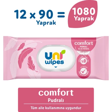 Uni Baby Uni Wipes Comfort Pudra Kokulu Islak Mendil 12X90 1080 Yaprak ürün görseli