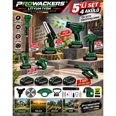 Prowackers V-TEC Seri 4X Akü Full 5 Li Bahçe Seti Bağ Makası Fiyatı