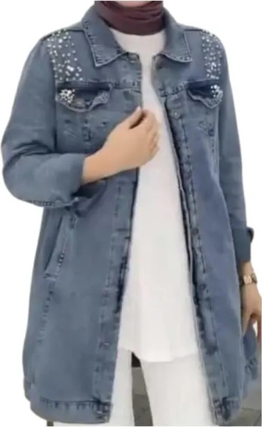 Harman Butik Kadın Taşlı Kot Ceket Mavi Dokuma Kumaş Normal Kalıp Günlük Tarz Cepli görsel 6