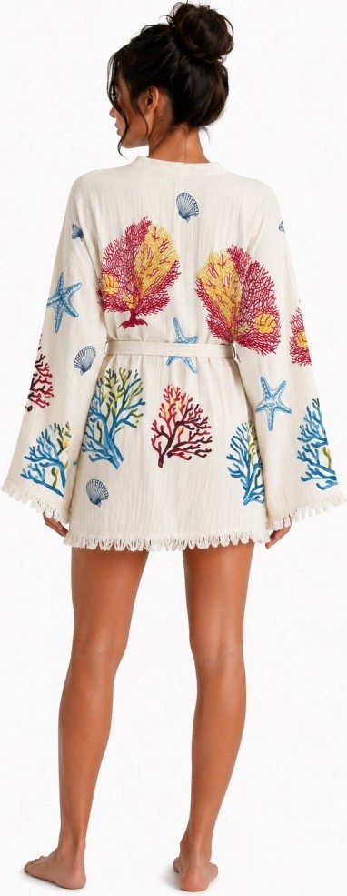Mulberry Sedna Kadın Ekru Müslin Kimono Bornoz, Kuşaklı, Püskül Detaylı, Oversize Rahat Kesim Plaj & Ev Giyim görsel 8