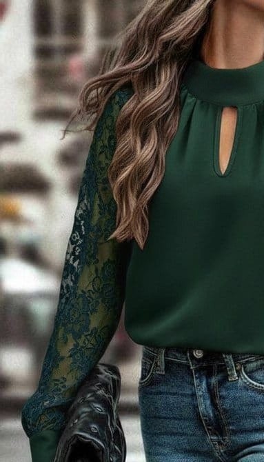Aesco Kadın Uzun Kollu Göğüs Pencere Detay Yaka Boğazlı Kolları Tüllü Sandy Bluz görsel 3