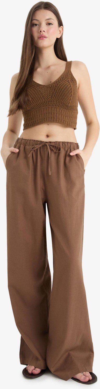 DeFacto Wide Leg Çift Cepli Beli Lastikli Standart Boy Keten Karışımlı Pantolon E1981AX25SM