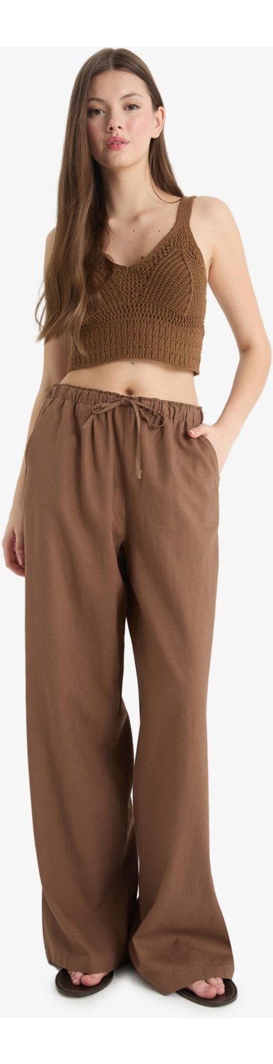 DeFacto Wide Leg Çift Cepli Beli Lastikli Standart Boy Keten Karışımlı Pantolon E1981AX25SM görsel 2