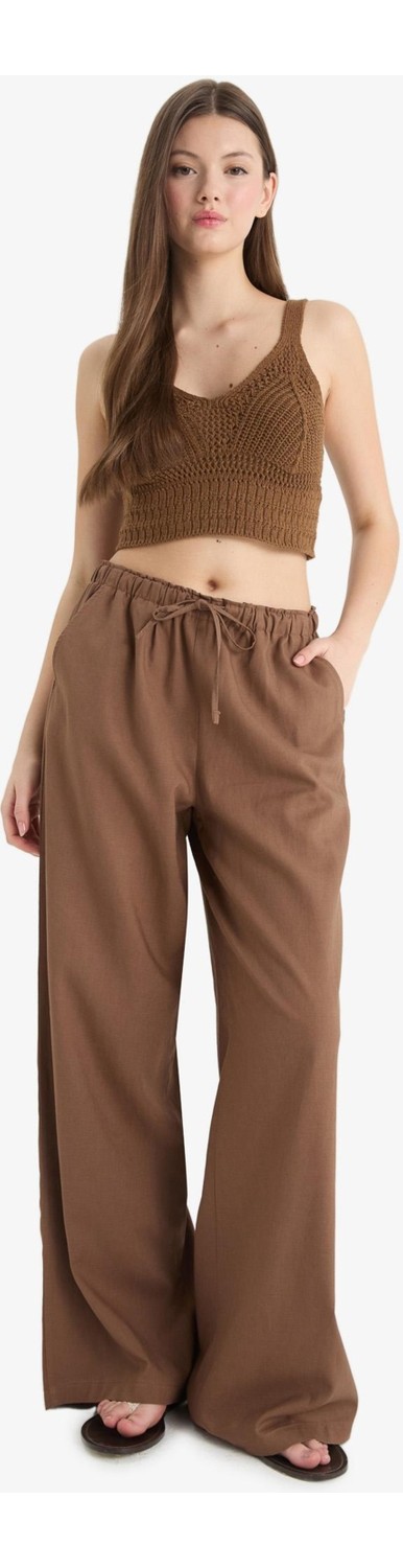 DeFacto Wide Leg Çift Cepli Beli Lastikli Standart Boy Keten Karışımlı Pantolon E1981AX25SM görsel 3
