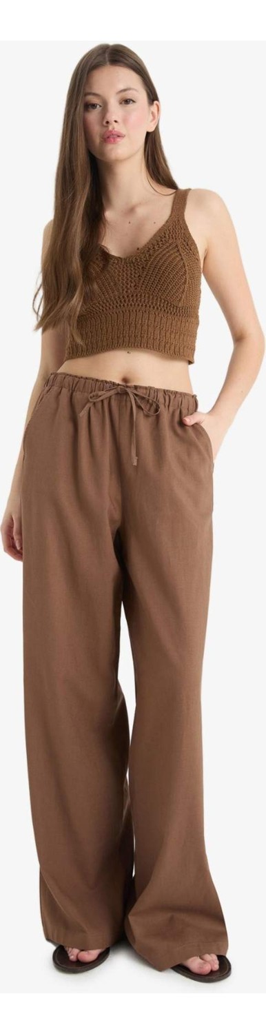 DeFacto Wide Leg Çift Cepli Beli Lastikli Standart Boy Keten Karışımlı Pantolon E1981AX25SM görsel 8
