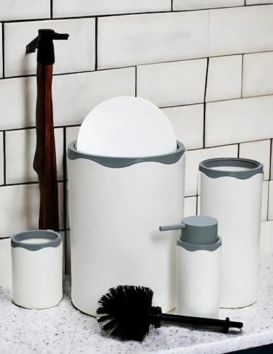 Prime Akrilik 5 Parça Modern Banyo Seti, Beyaz-Mat Gümüş, Çöp Kovası/tuvalet Fırçası/tuvalet Fırça Kabı/sıvı Sabunluk/diş Fırçalık görsel 3