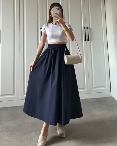Moda Ulu Çift Cepli Beli Lastikli İç Göstermez Uzun Etek Poplin Kumaş (90) cm görsel 6