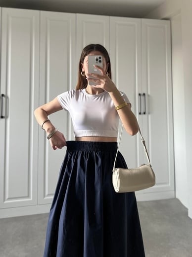 Moda Ulu Çift Cepli Beli Lastikli İç Göstermez Uzun Etek Poplin Kumaş (90) cm görsel 7