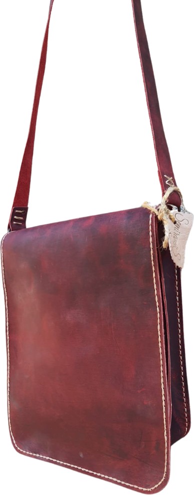 Semiramis Thor Model Hakiki Deri El Yapımı Unisex Bordo Tek Körüklü Vintage Postacı Çantası görsel 3