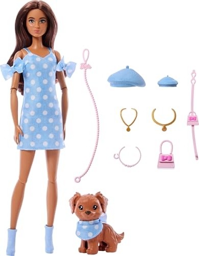 Aesco Barbie Uyumlu Dostlar Kahverengi Saçlı Bebek ve Köpekçiği, Puantiye Desenli, Mavi Renkli Kıyafetler Giyen ve Bere, Çanta Gibi Aksesuarlar Takan, JFP38