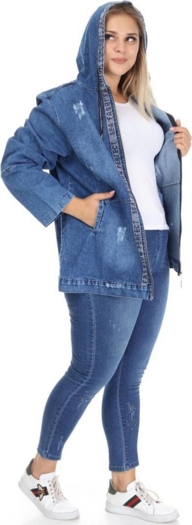 Haimoda Kadın Kot Mont Büyük Beden Taş Işli Kapüşonlu görsel 3