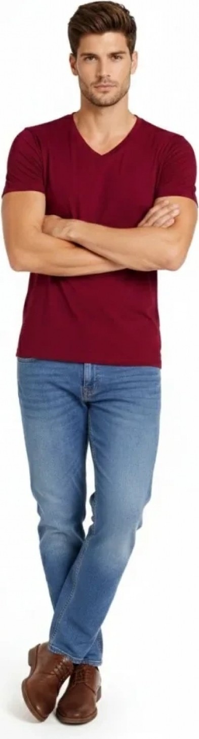 Pileli Store Erkek T-Shirt V Yaka Slim Fit Dar Kesim Likralı Tişört Günlük Basic Body - Bordo görsel 4