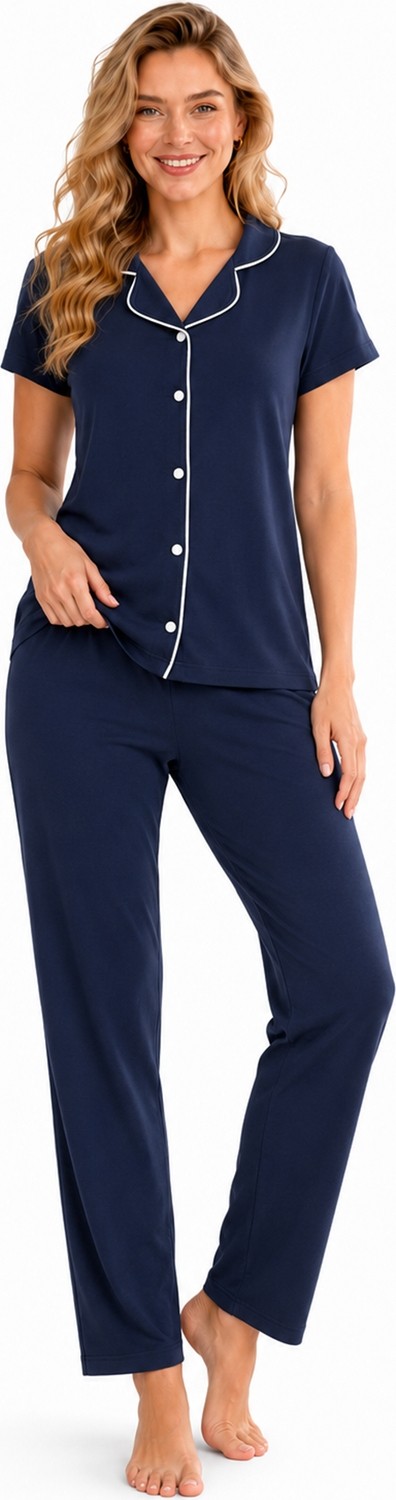 Özkan Underwear Özkan 1000-21 Kadın Önü Düğmeli Kısa Kollu Biyeli Gömlek Yaka Kısa Kollu Pijama Takımı
