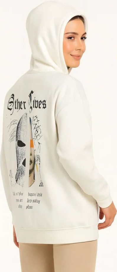 Üç Iplik Kapşonlu Ön ve Arka Baskılı Sweatshirt Hoodie- Beyaz