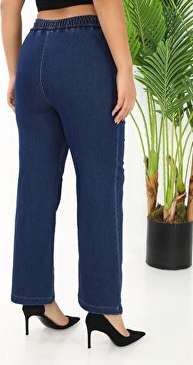 Gül Moda Beli Lastikli Bol Paça Kadın Kot Pantolon Likralı Pamuklu Lacivert G115-1 görsel 4
