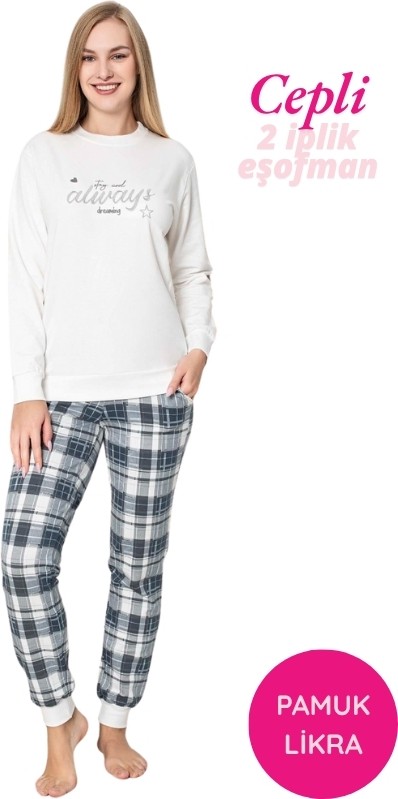 Guava Kadın Gri Kalp Desen Bisiklet Yaka Bilek Manşet 2 İplik Cepli Kışlık Jogger Eşofman Pijama Takımı Homewear
