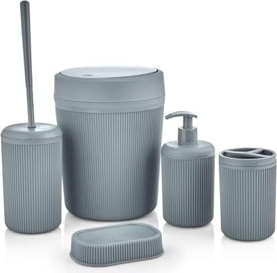 Prime 5 Parça Lüx Plastik Banyo Seti - Çöp Kovalı, Antibakteriyel Fırça, Normal ve Sıvı Sabunluk, Diş Fırçalıklı - Antresit