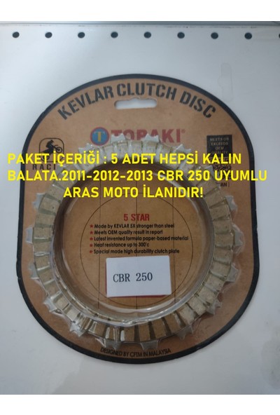 Aras Moto Honda Cbr 250 Debriyaj Balata Seti Oem Kalite Tailand Malı 5 Adet Kalın Balatalı 2011-2013  Arasmoto