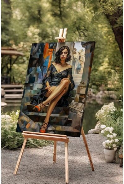 Ar Ajans Kanvas Tablo Çizgsel Detaylı Merdivende Oturan Kadın Kanvas Tablo