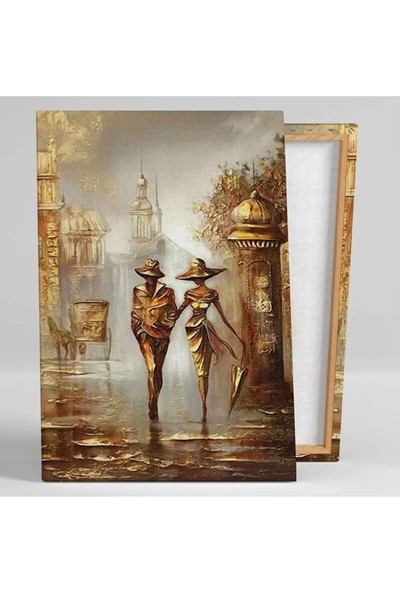 Ar Ajans Kanvas Tablo Sokakta Yürüyen Şemsiyeli Çift Bronz Nostalji Aşk Love Dekor Kanvas Tablo