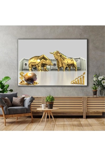 Ar Ajans Kanvas Tablo Altın Boğa ve Ayı Borsa Ekonomi Finans Dolar Altın Dünya Gold Lüks Dekor Kanvas Tablo