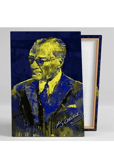 Ar Ajans Kanvas Tablo Mustafa Kemal Atatürk Imzası Sarı ve Lacivert Kanvas Tablo