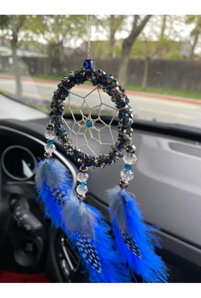 Araç Balkon Aksesuar El Yapımı Düş Kapanı Dreamcatcher Mavi ve Benekli Tüylü Araba Dikiz Aynası Süsü