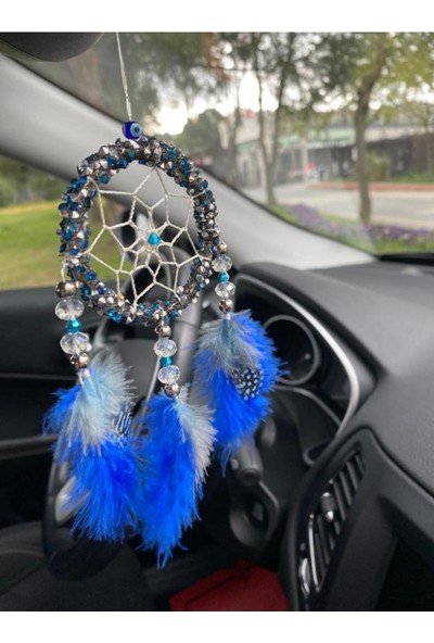 Araç Balkon Aksesuar El Yapımı Düş Kapanı Dreamcatcher Mavi ve Benekli Tüylü Araba Dikiz Aynası Süsü