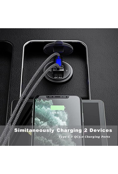 Araç Şarj Soketi Araç USB Prizi Pd Tip C USB Priz Araç Şarj Cihazı LED Voltmetre ile 12 V ~ 24 V Araç, Tekne, Motosiklet, Suv Otobüs, Kamyon, Karavan, Deniz Için